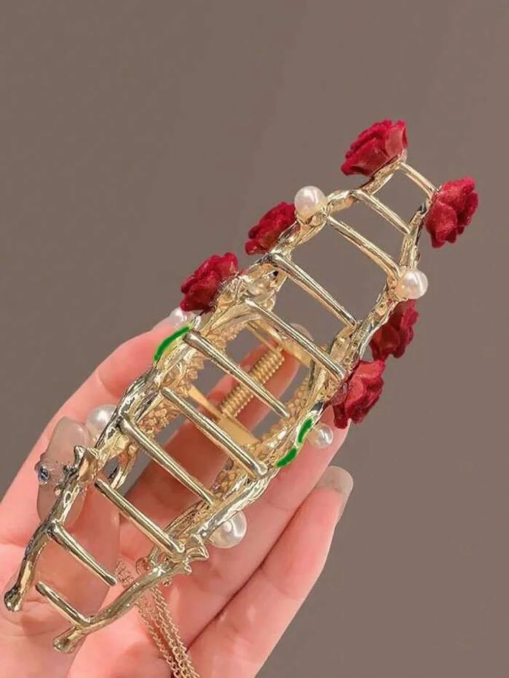 Gold Butterfly & Red Rose Hair Clip with Pearl Chains